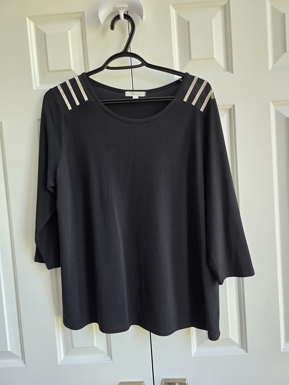 89th & Madison Black 3/4  Sleeve Top with Rhinestone Shoulder Stripes